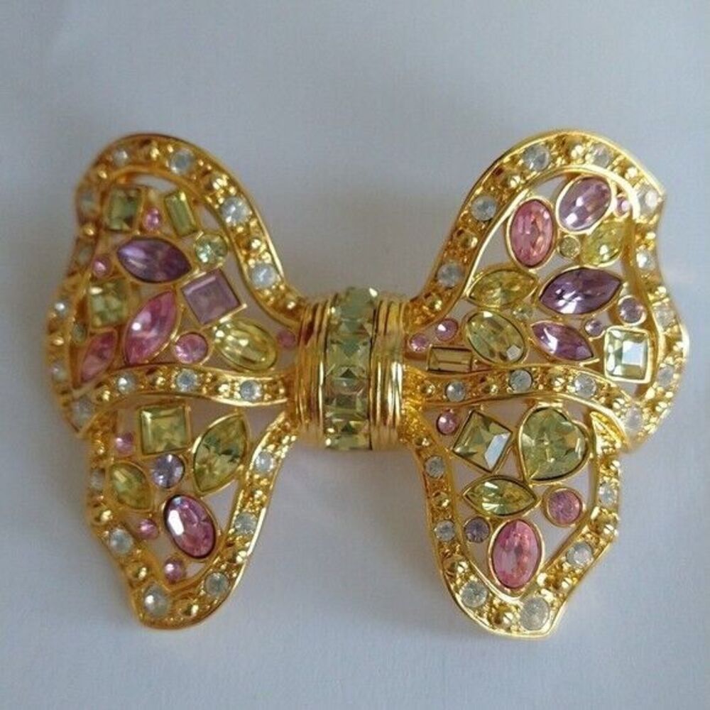 Vintage Nolan Miller Butterfly Bow Crystal Brooch Pin Easter Pastel Colors - Picture 2 of 4